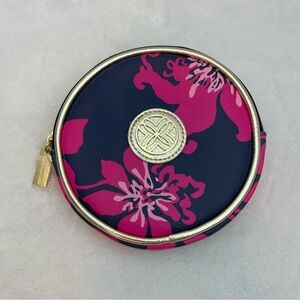Lilly Pulitzer Floral Navy and Pink Round Cosmetic Pouch with Lighted Mirror